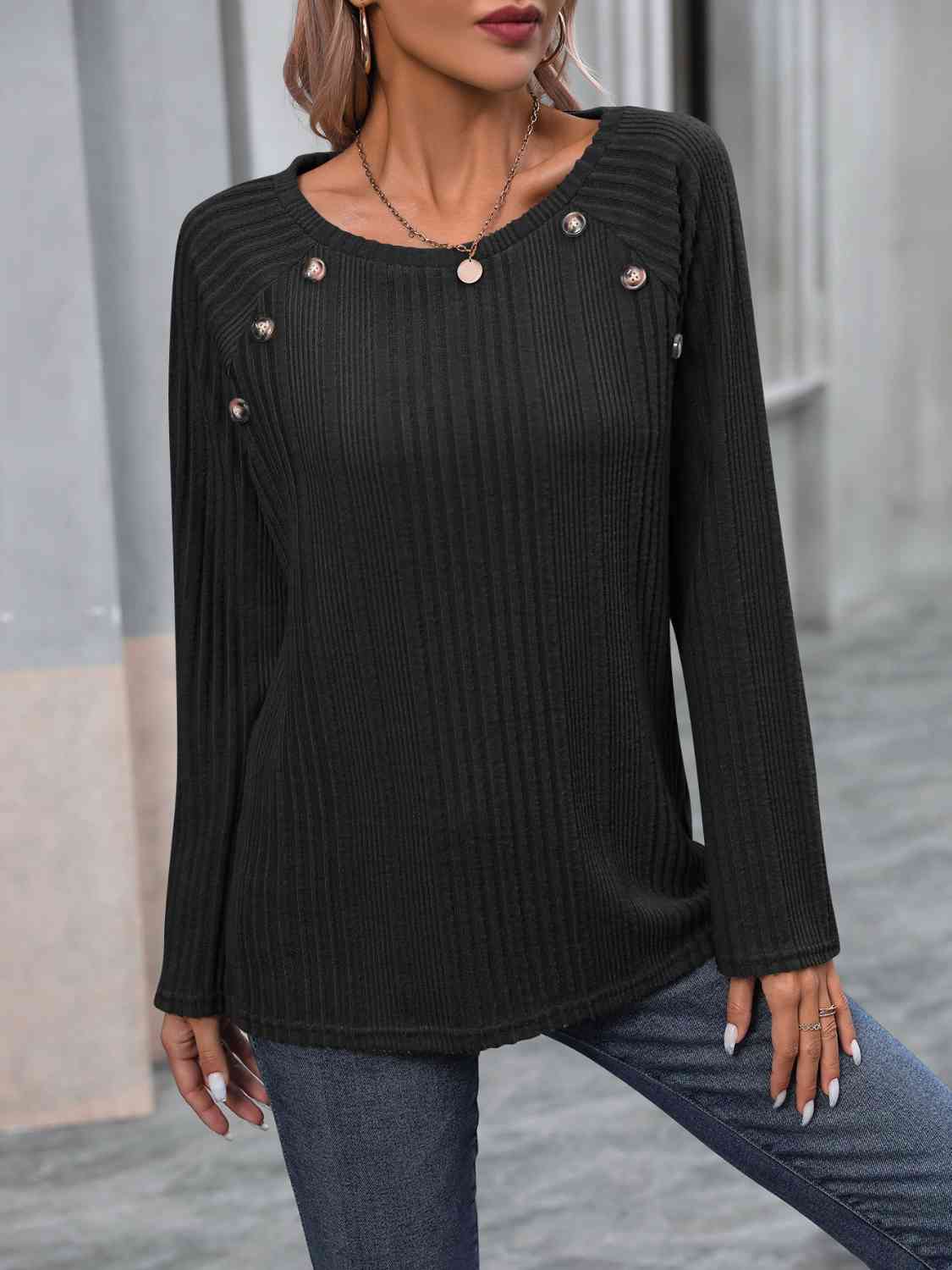 Ribbed Buttoned Round Neck Long Sleeve T-Shirt BLUE ZONE PLANET