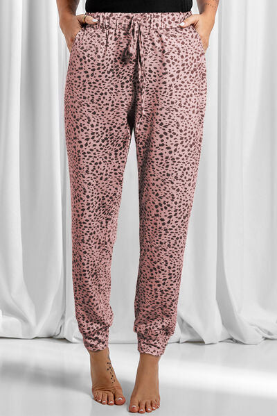 Blue Zone Planet | Full Size Leopard Drawstring Pocketed Pants BLUE ZONE PLANET