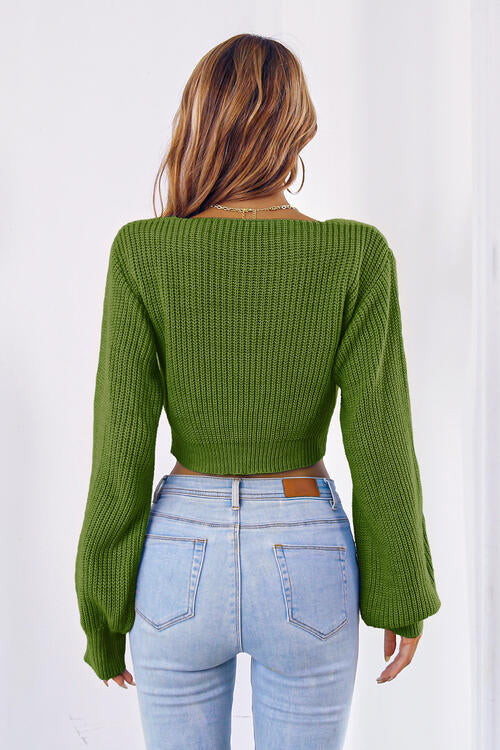 Bow V-Neck Long Sleeve Cropped Sweater BLUE ZONE PLANET