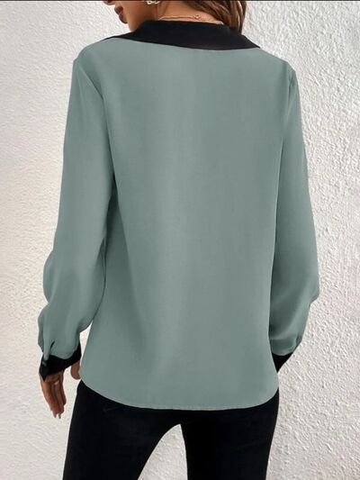 Blue Zone Planet | Contrast Trim V-Neck Long Sleeve Blouse BLUE ZONE PLANET