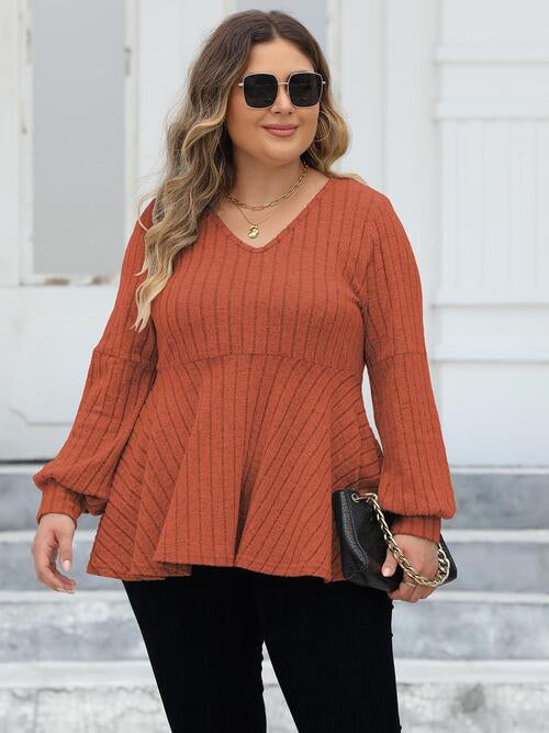 Plus Size Ribbed V-Neck Long Sleeve Blouse BLUE ZONE PLANET