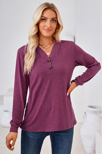 Notched Button Detail Long Sleeve T-Shirt Trendsi