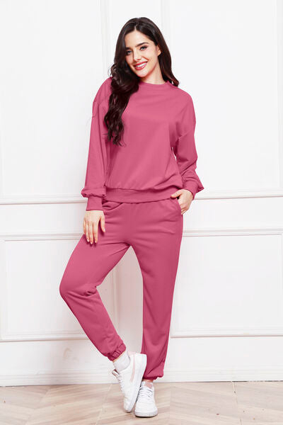 Blue Zone Planet | Round Neck Long Sleeve Sweatshirt and Pants Set BLUE ZONE PLANET