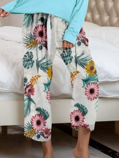 Blue Zone Planet |  Round Neck Top and Printed Pants Lounge Set BLUE ZONE PLANET