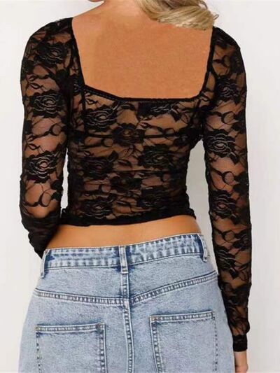 Blue Zone Planet | Lace Sweetheart Neck Long Sleeve T-Shirt BLUE ZONE PLANET