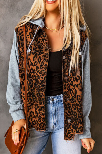 Blue Zone Planet | Leopard Distressed Drawstring Hooded Denim Jacket BLUE ZONE PLANET