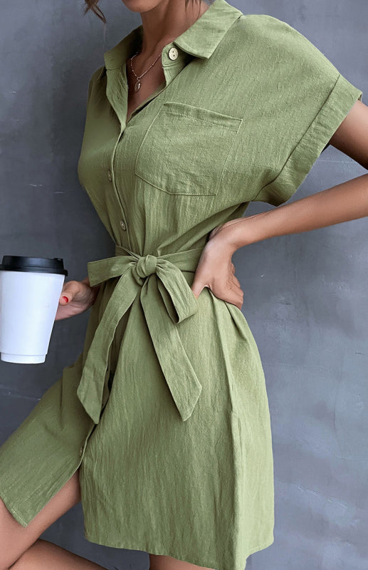 Shirt Dress Green Lace Up Short Sleeve Cotton Linen Dress kakaclo