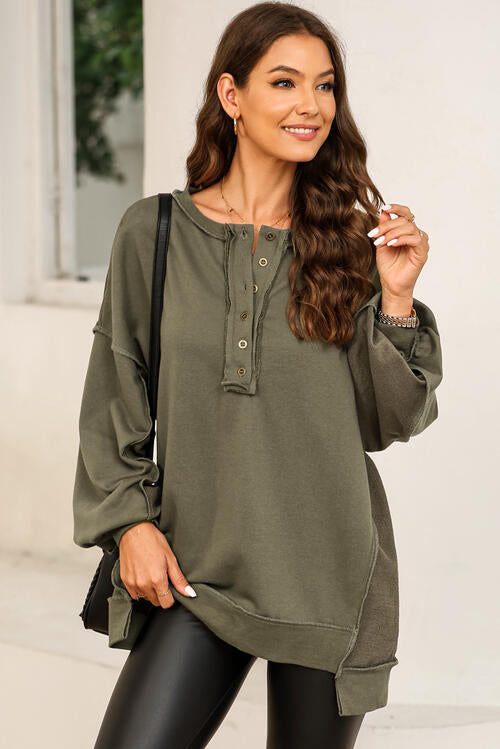Buttoned Dropped Shoulder Sweatshirt BLUE ZONE PLANET