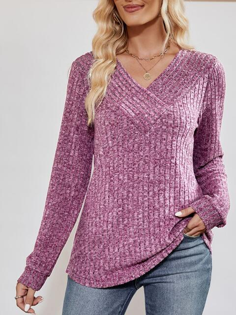 V-Neck Ribbed Long Sleeve Top BLUE ZONE PLANET