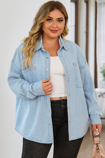 Plus Size Snap Down Pocketed Denim Jacket BLUE ZONE PLANET