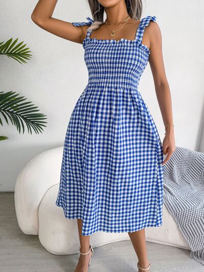 Frill Plaid Square Neck Midi Dress BLUE ZONE PLANET
