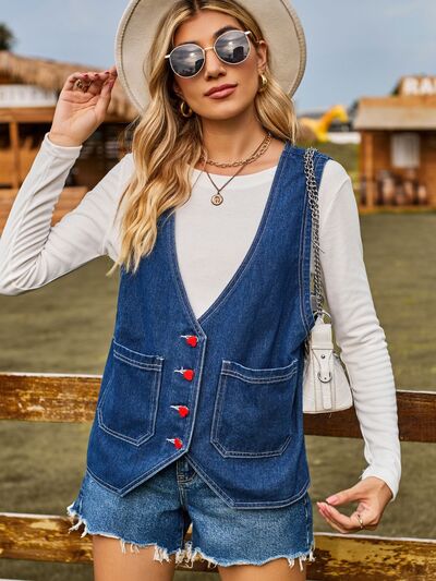 Pocketed Button Up Sleeveless Denim Jacket Trendsi