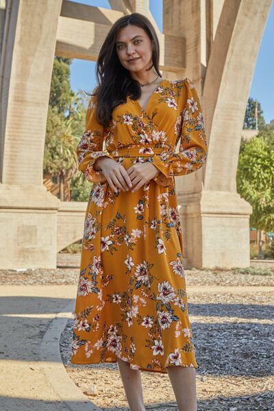 Double Take Full Size Floral Tie Back Flounce Sleeve Dress BLUE ZONE PLANET