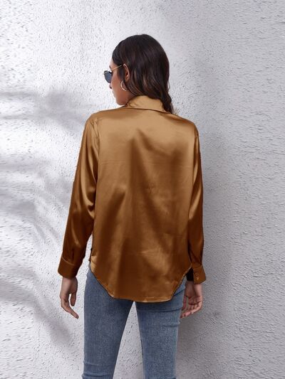 Button Up Collared Neck Long Sleeve Shirt BLUE ZONE PLANET