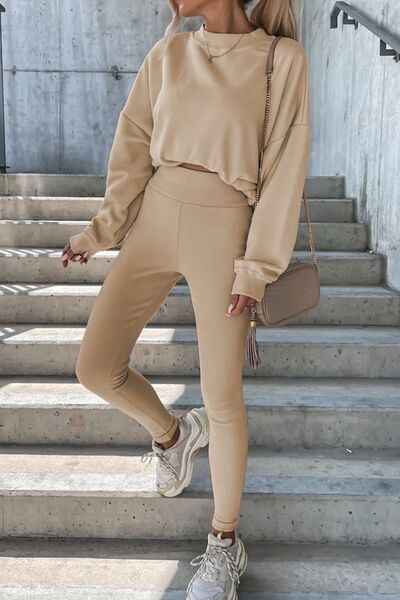 Blue Zone Planet | Round Neck Dropped Shoulder Sweatshirt and Pants Set BLUE ZONE PLANET
