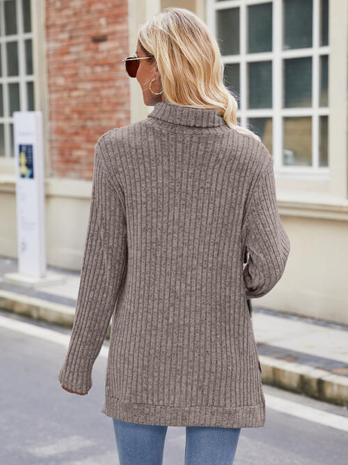Ribbed Turtleneck Long Sleeve Slit Knit Top BLUE ZONE PLANET