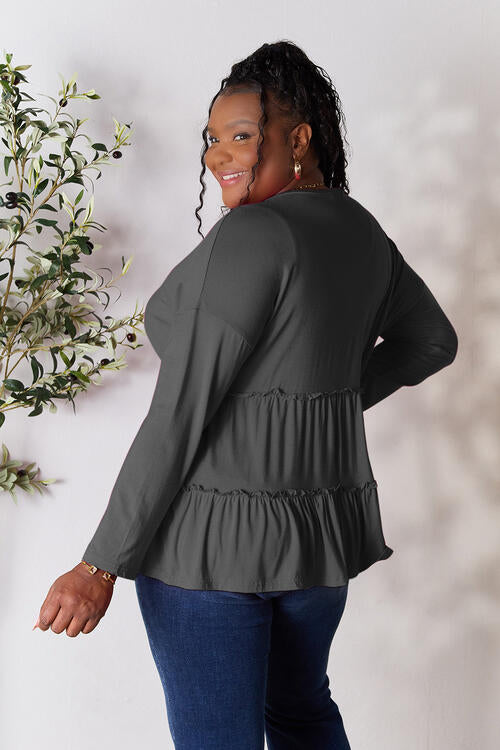 Double Take Half Button Long Sleeve Ruffle Hem Blouse BLUE ZONE PLANET