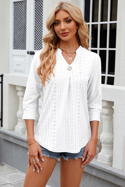 Blue Zone Planet | Eyelet Notched Knit Jacquard Top BLUE ZONE PLANET