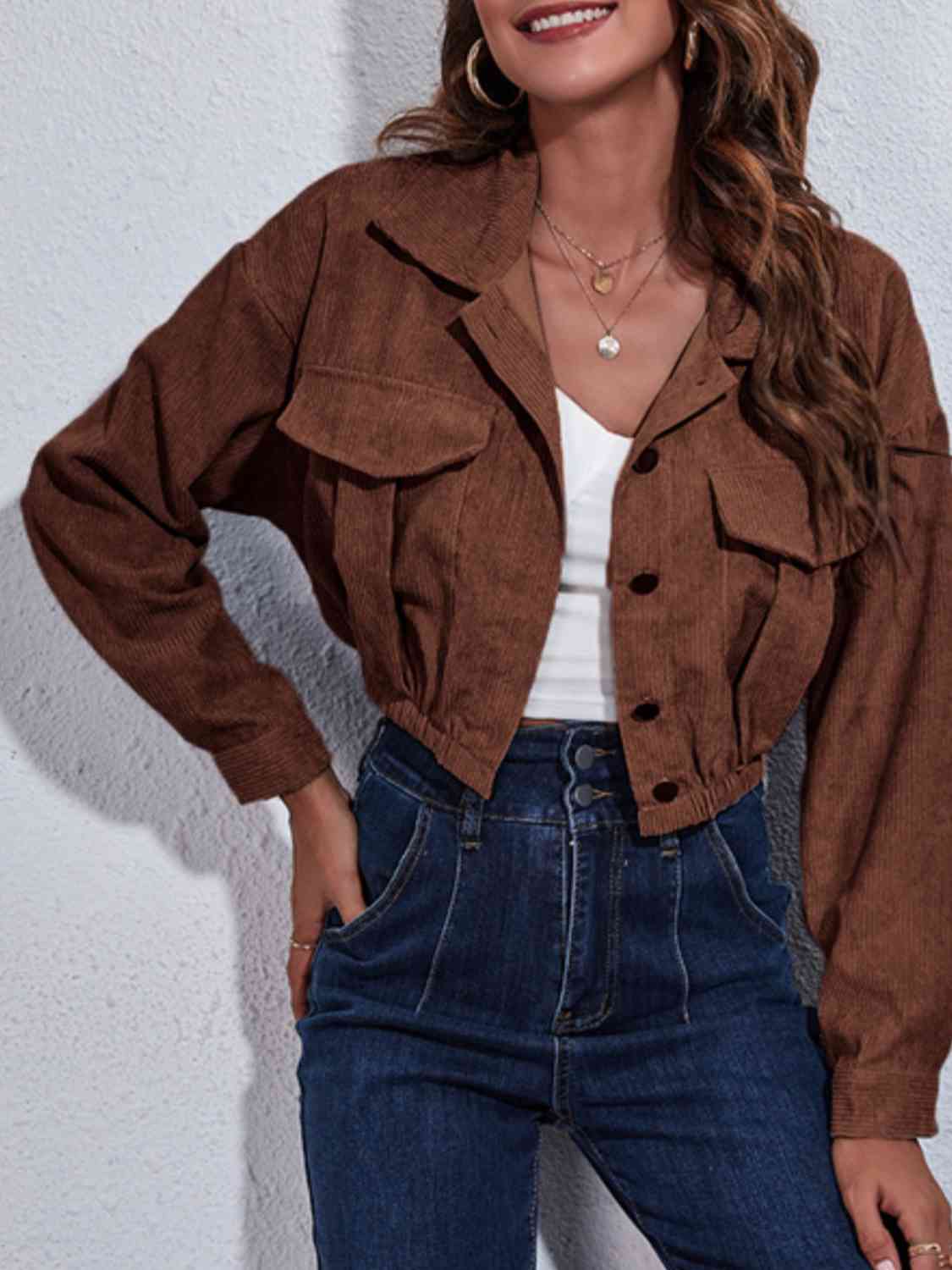 Collared Neck Dropped Shoulder Buttoned Jacket BLUE ZONE PLANET