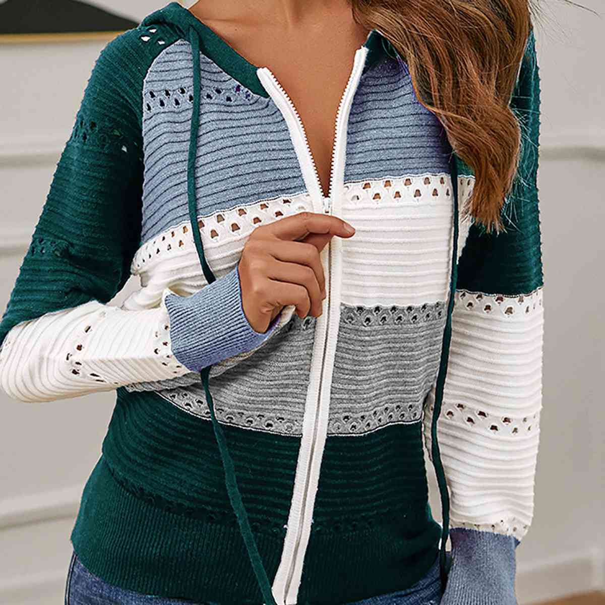 Color Block Drawstring Hooded Sweater BLUE ZONE PLANET