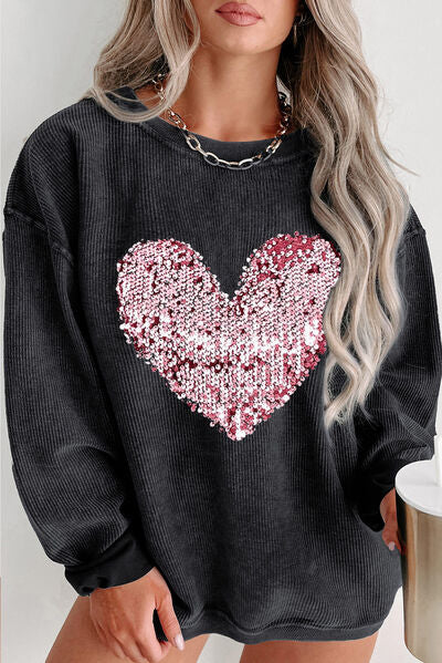 Blue Zone Planet | Plus Size Heart Sequin Round Neck Sweatshirt BLUE ZONE PLANET