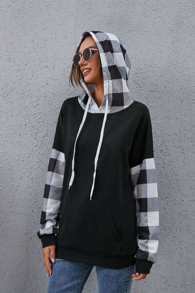Plaid Drawstring Dropped Shoulder Hoodie BLUE ZONE PLANET