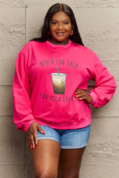 Simply Love Full Size NEVER TOO COLD FOR ICED COFFEE Round Neck Sweatshirt BLUE ZONE PLANET