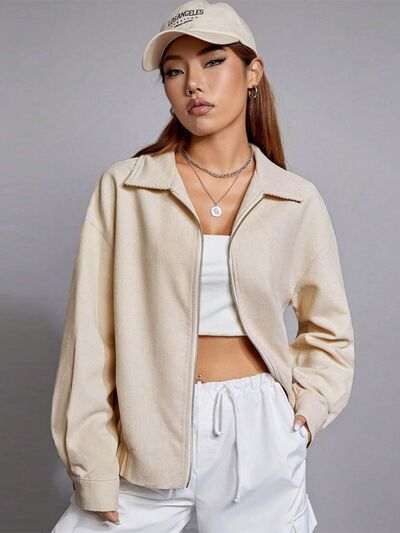 Zip Up Dropped Shoulder Cropped Jacket BLUE ZONE PLANET