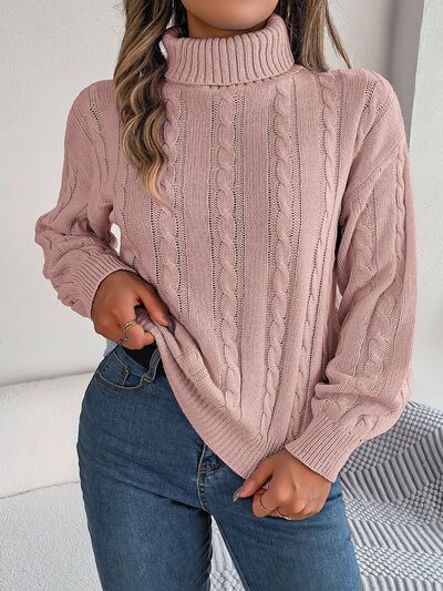 Blue Zone Planet | Cable-Knit Turtleneck Dropped Shoulder Sweater BLUE ZONE PLANET