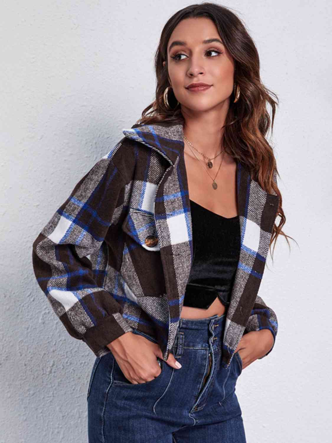 Plaid Button Front Jacket with Pockets BLUE ZONE PLANET
