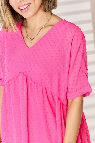 Zenana Swiss Dot Rolled Short Sleeve Babydoll Dress BLUE ZONE PLANET