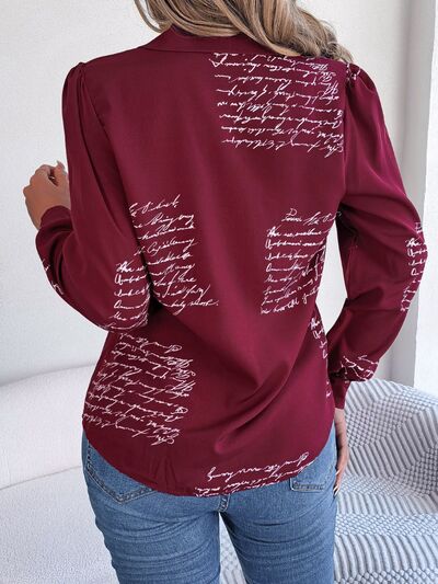 Blue Zone Planet | Letter Printed Button Up Long Sleeve Blouse BLUE ZONE PLANET