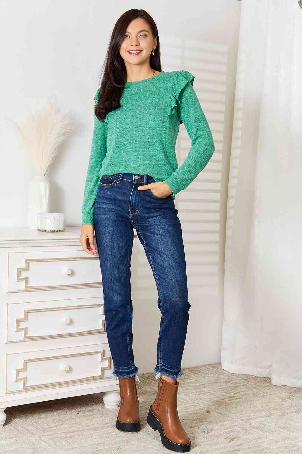 Double Take Ruffle Shoulder Long Sleeve T-Shirt BLUE ZONE PLANET