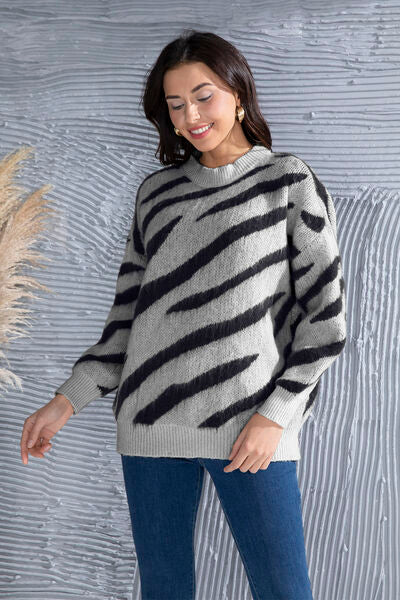 Blue Zone Planet | Animal Element Round Neck Dropped Shoulder Sweater BLUE ZONE PLANET