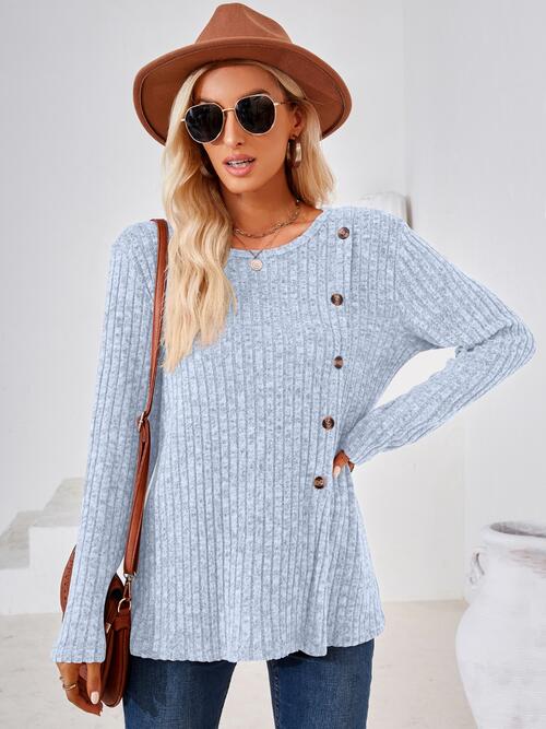 Ribbed Buttoned Round Neck Slit T-Shirt BLUE ZONE PLANET