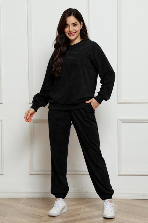 Round Neck Sweatshirt and Sweatpants Set BLUE ZONE PLANET