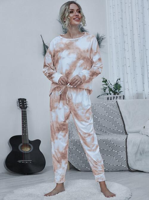 Tie-dye Round Neck Top and Drawstring Pants Lounge Set BLUE ZONE PLANET