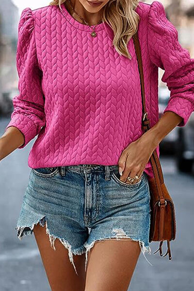 Texture Round Neck Long Sleeve Sweatshirt BLUE ZONE PLANET
