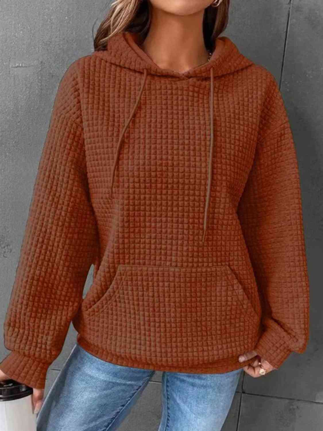 Blue Zone Planet | Textured Drawstring Drop Shoulder Hoodie BLUE ZONE PLANET