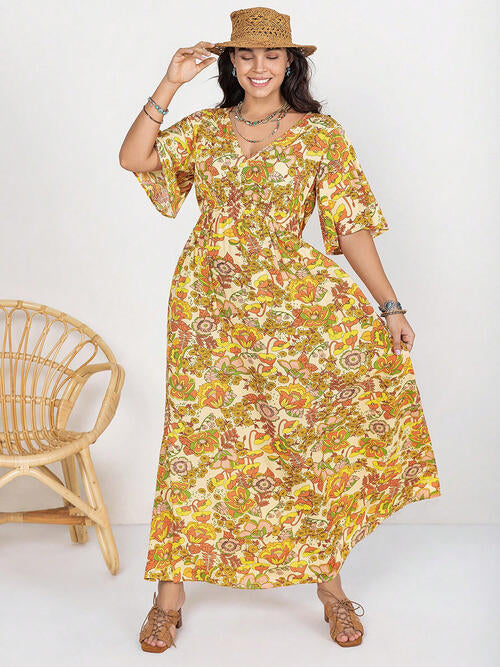 Floral V-Neck Short Sleeve Slit Dress BLUE ZONE PLANET