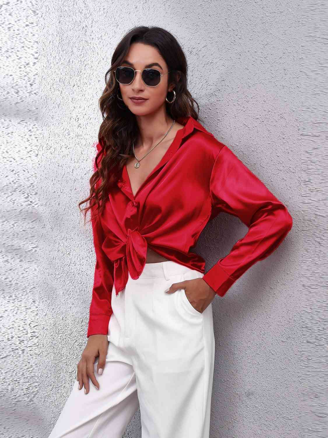 Collared Neck Buttoned Long Sleeve Shirt BLUE ZONE PLANET