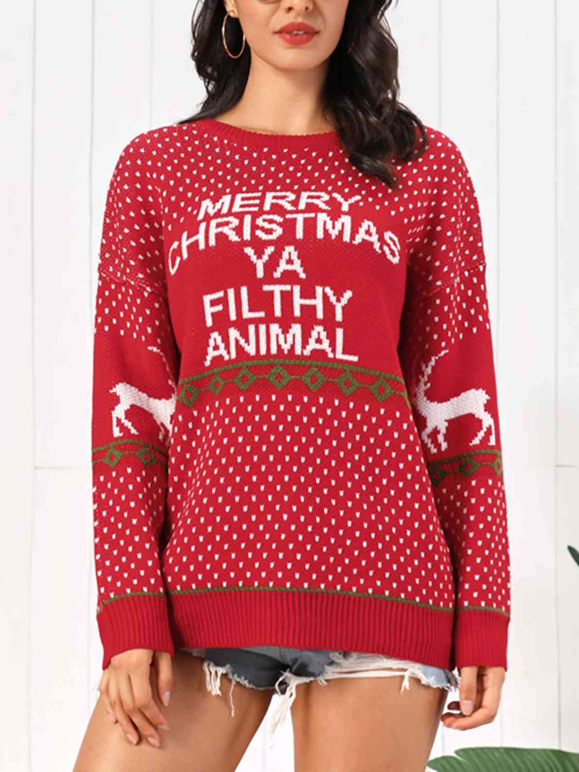 Christmas Element Round Neck Sweater BLUE ZONE PLANET