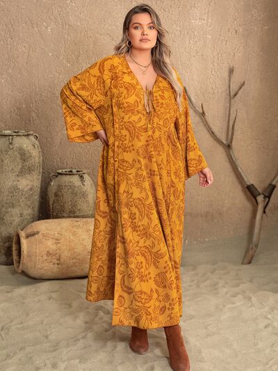 Blue Zone Planet | Plus Size Printed Slit Long Sleeve Dress BLUE ZONE PLANET