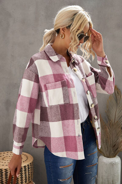 Blue Zone Planet | Plaid Button Up Dropped Shoulder Jacket BLUE ZONE PLANET