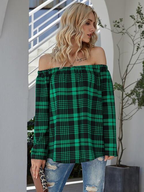 Off-Shoulder Striped Long Sleeve T-Shirt BLUE ZONE PLANET