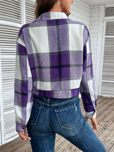 Blue Zone Planet | Plaid Button Up Drop Shoulder Cropped Jacket BLUE ZONE PLANET