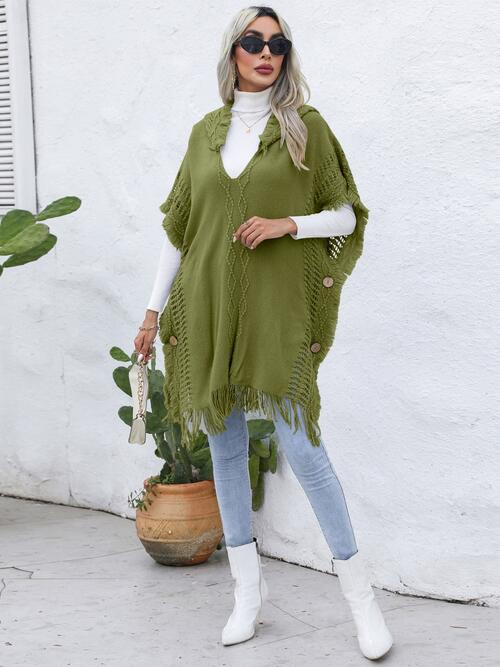 Fringe Trim Buttoned Hooded Poncho BLUE ZONE PLANET
