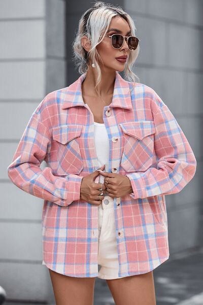 Plaid Pocketed Collared Neck Button Up Jacket BLUE ZONE PLANET