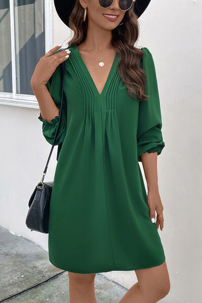 Ruched V-Neck Flounce Sleeve Dress Trendsi