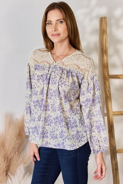 Hailey & Co Full Size Lace Detail Printed Blouse Trendsi